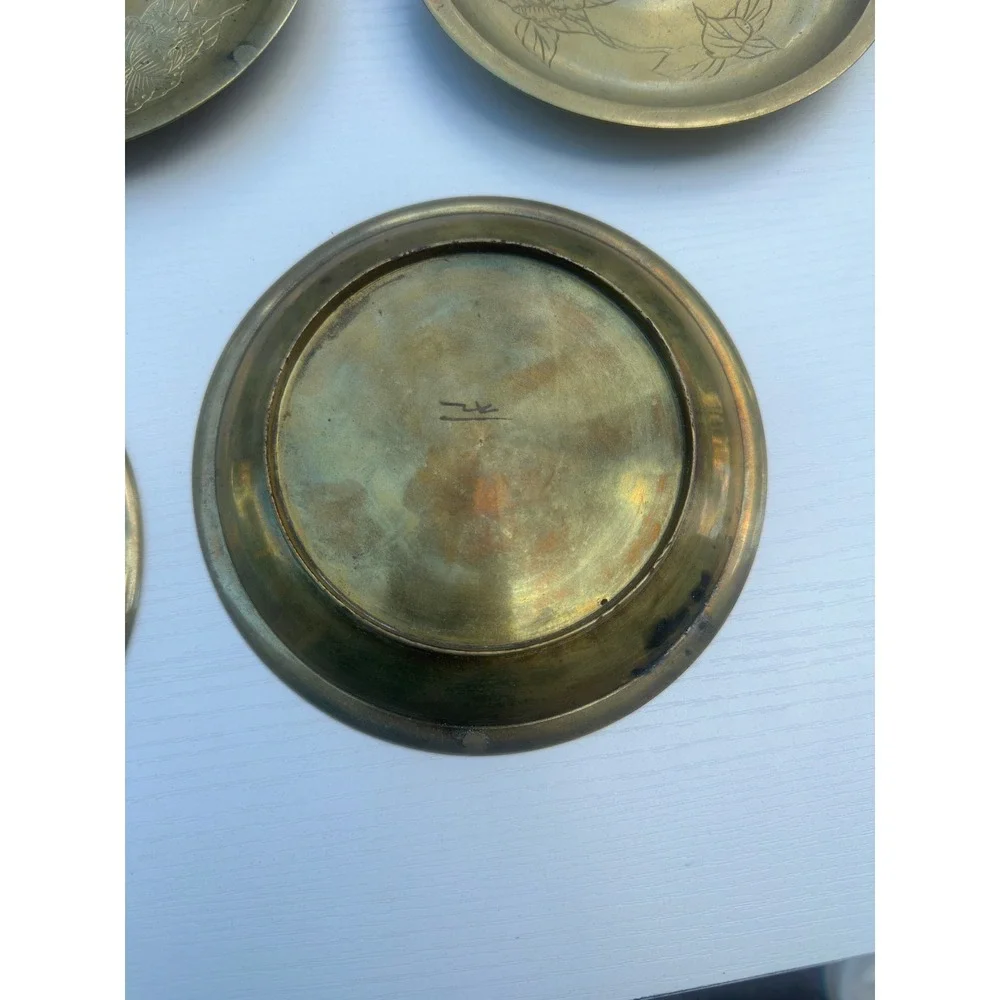 Vintage Brass Plates Etched Floral Bamboo Set of 6 Gold Metal Mid Century 4.75